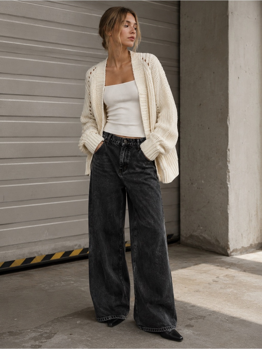 Garage Open Front Knit Cardigan Sweater in Cream (Size P/S)